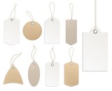 Price tags blank. Template white and beige paper tag collection, blank labels different forms, gift and presents card, decorative sticker with rope, empty cardboard badge vector realistic set