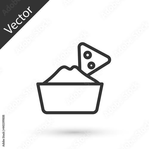 Grey line Nachos in bowl icon isolated on white background. Tortilla chips or nachos tortillas. Traditional mexican fast food menu. Vector