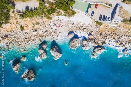 Aerial view of Kalamitsi beach, Ionian Sea, Lefkada island, Greece.