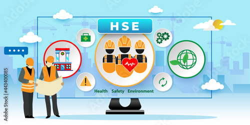 HSE. Health Safety Environment, Environmental Protection and Health Safety Concept With icons. Cartoon Vector People Illustration
