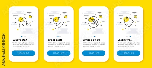 Vector set of Not looking, Organic product and Cough line icons set. UI phone app screens with line icons. Vaccination schedule icon. Eye care, Leaves, Flu symptom. Injection time. Vector