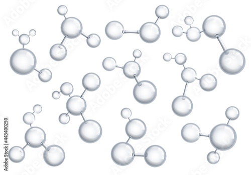 Chemistry macro models. 3d transparency molecular structures collection, molecules with reflection. Genetic and biotechnology abstract formulas. Organic frames vector isolated set
