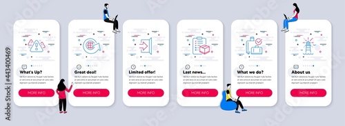 Vector Set of Transportation icons related to Parcel checklist, Baggage reclaim and Exit icons. UI phone app screens with teamwork. Warning, World globe and Lighthouse line symbols. Vector