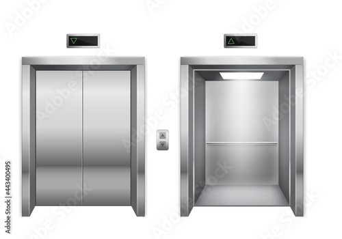 Elevator. Closed and open chrome metal lift doors, modern passenger or cargo lift, lobby design inside building, contemporary office or hotel corridor, realistic vector isolated illustration