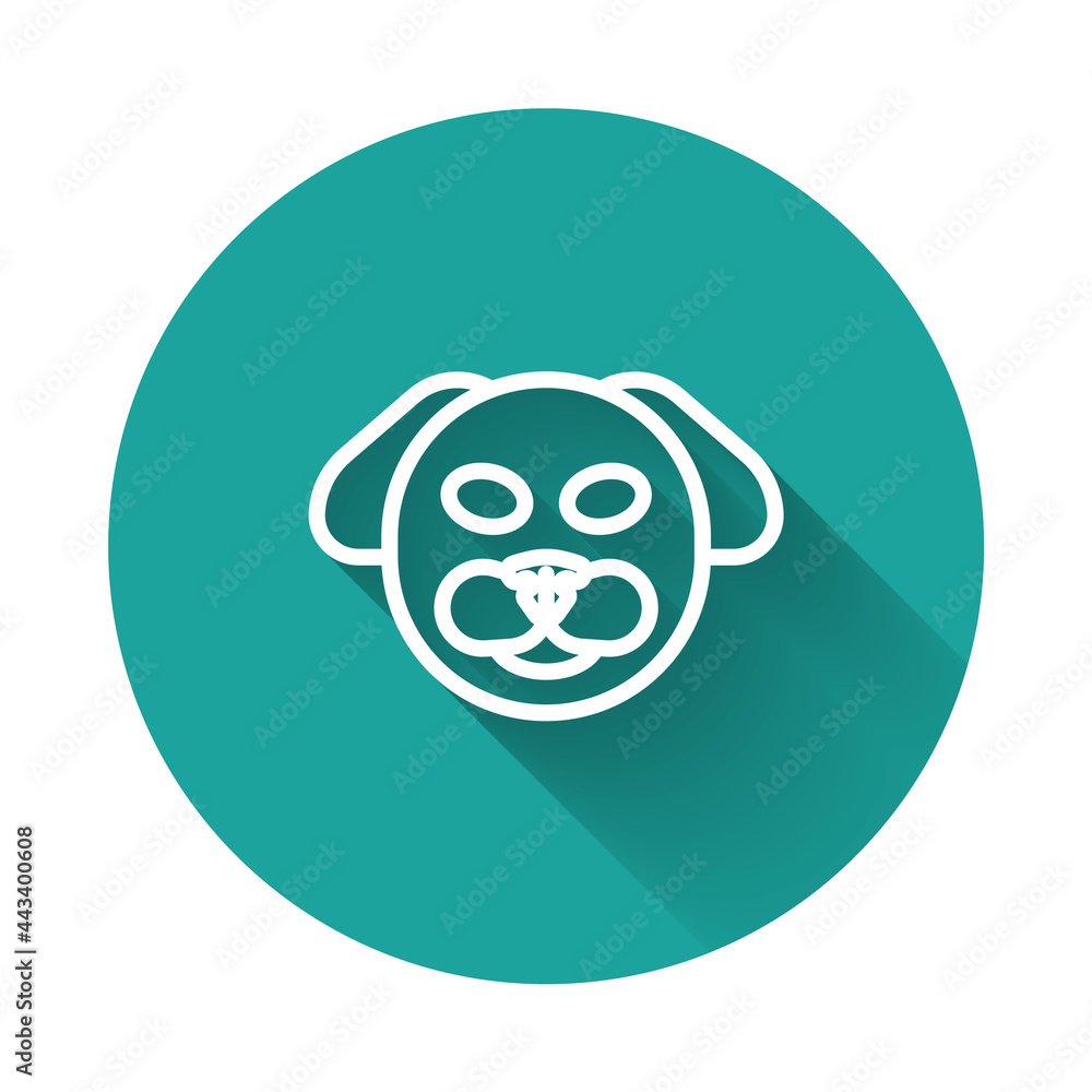 White line Dog icon isolated with long shadow background. Green circle button. Vector