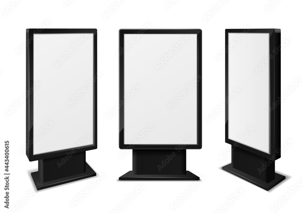 Realistic light box. Blank billboards front and different angles view, information advertising signage, outdoor frame display, exhibition communication stand vector 3d isolated illustration Realistic light box. Blank billboards front and different angles view, information advertising signage, outdoor frame display, exhibition communication stand vector 3d isolated illustration