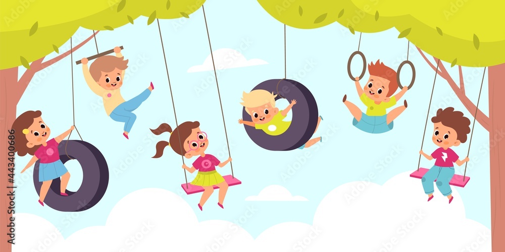 Rope swing. Happy cute children hang on swings, outdoor kids games, little boys and girls altitude flying back and forth. Summer playground or game zone in park, vector cartoon concept