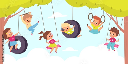 Rope swing. Happy cute children hang on swings, outdoor kids games, little boys and girls altitude flying back and forth. Summer playground or game zone in park, vector cartoon concept