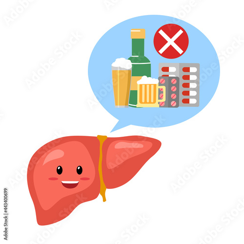 Healthy liver cartoon character with prohibited sign of alcohol drink and medicine in flat design on white background. Do not damage your liver concept.