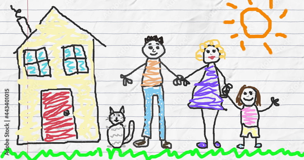 Image of hand drawn couple with daughter and cat next to house and sun on lined paper Image of hand drawn couple with daughter and cat next to house and sun on lined paper