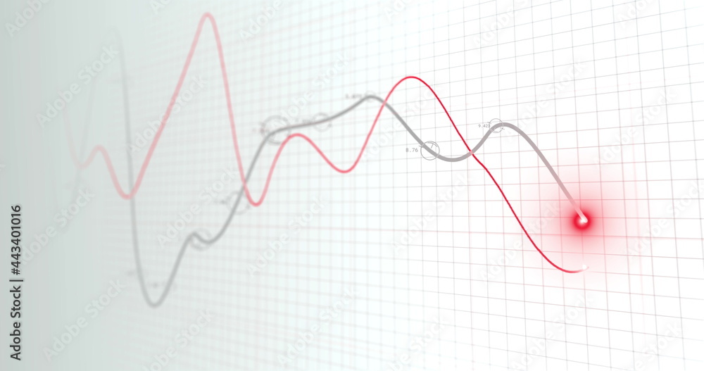 Image of financial data processing, two lines with glowing spot on grid Image of financial data processing, two lines with glowing spot on grid