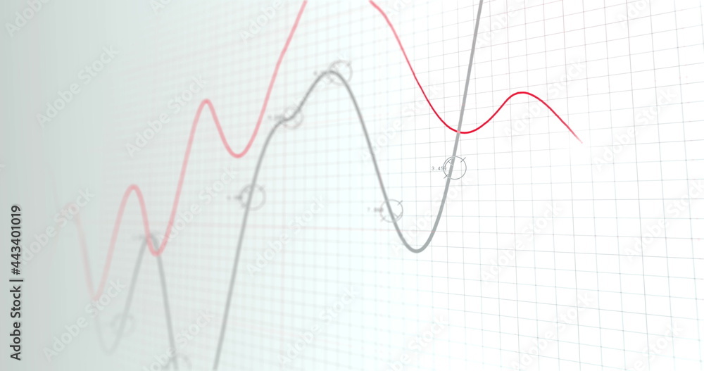 Image of financial data processing, two lines with glowing spot on grid Image of financial data processing, two lines with glowing spot on grid