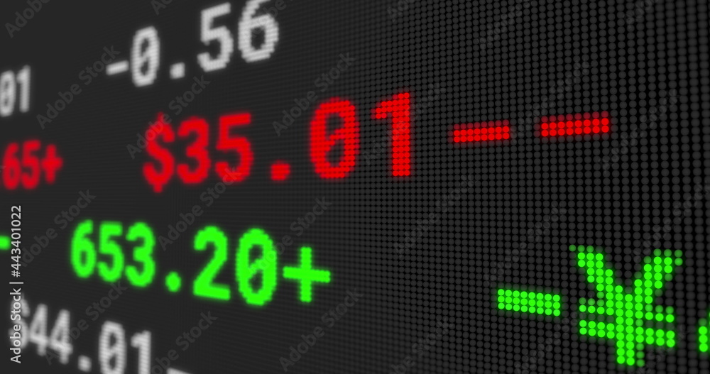 Image of stock exchange display board with numbers changing on black Image of stock exchange display board with numbers changing on black