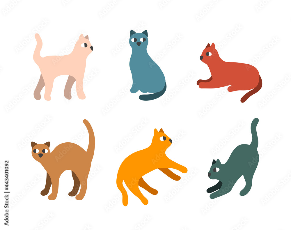 Set of lovely hand drawn cats in retro colors.