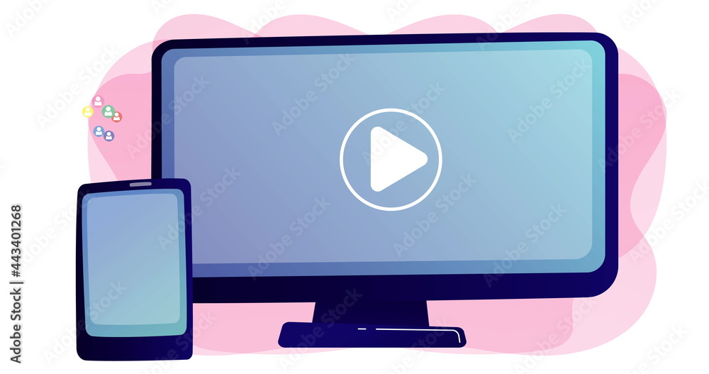 Image of screens with social media icons, speech bubbles interface Image of screens with social media icons, speech bubbles interface