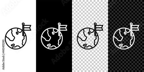 Set line Planet with flag icon isolated on black and white, transparent background. Victory, winning and conquer adversity concept. Vector