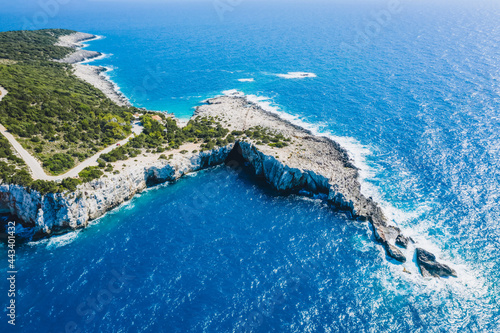Aerial drone view of rocky coastline close to Alaties Beach, Kefalonia, Ionian islands, Greece