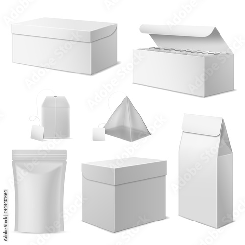 Realistic paper tea package. White boxes and different tea bags with blank labels, 3d isolated zip packing, pyramid sachet with dry leaves. Empty containers mockup for branding vector set