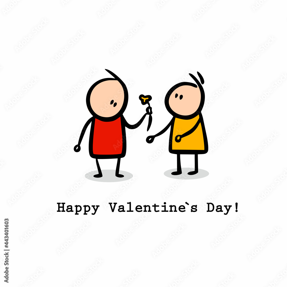 Cute postcard with doodle characters meeting on Valentines day. Cute postcard with doodle characters meeting on Valentines day.