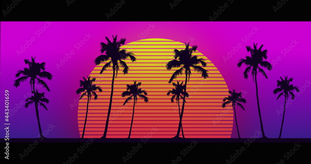 Fototapeta premium Image of palm trees moving over glowing yellow to orange sun on purple