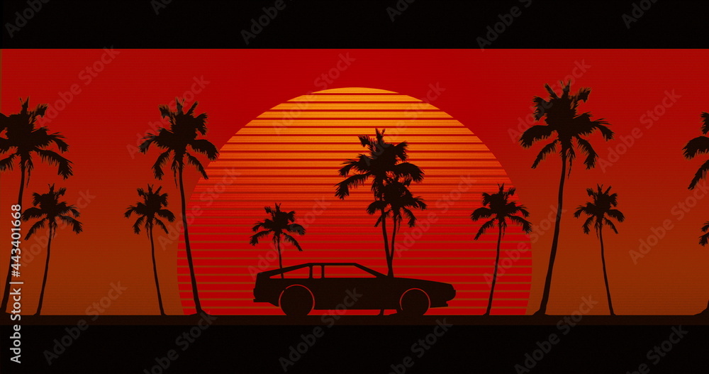 Fototapeta premium Image of black car driving over glowing orange sun with palm trees on red