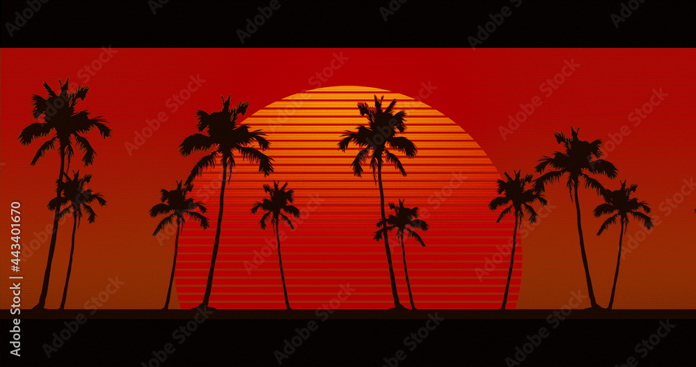 Obraz premium Image of palm trees moving over glowing orange sun on red