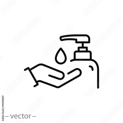 hand wash with alcohol sanitiser, icon, disinfect antimicrobial gel, dispenser bottle, liquid soap, thin line symbol on white background - editable stroke vector illustration eps10