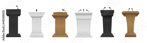 Realistic tribune. Different color and materials podium with microphones. Black white and wooden lecture pedestal, press interview and political debate empty platform vector isolated set
