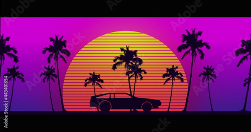 Image of black car driving over glowing yellow to orange sun with palm trees on purple