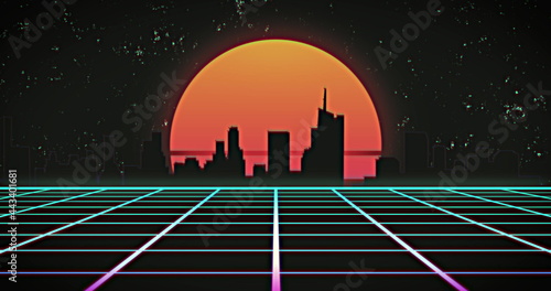 Image of glowing orange sun and cityscape over green grid at night