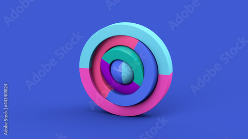 Colorful circle shapes and ball. Blue background. Abstract illustration, 3d render.
