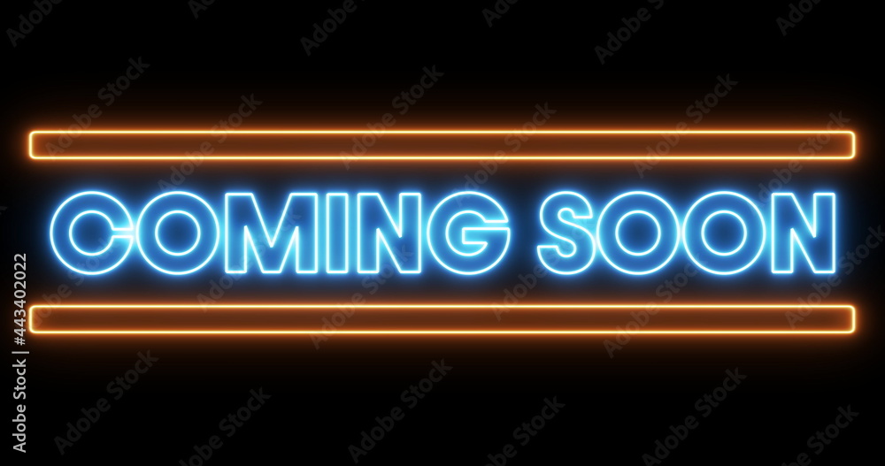 Image of glowing neon blue coming soon text with bars flickering on seamless loop on black backg