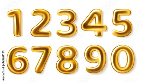 Golden numbers. Realistic metal plump numerals from zero to nine, glossy metallic luxury party decor, 3d roundish shapes for greeting cards designs, balloons signs. Vector isolated set
