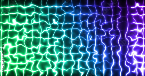 Image of multiple glowing neon purple blue and green mesh moving on seamless loop