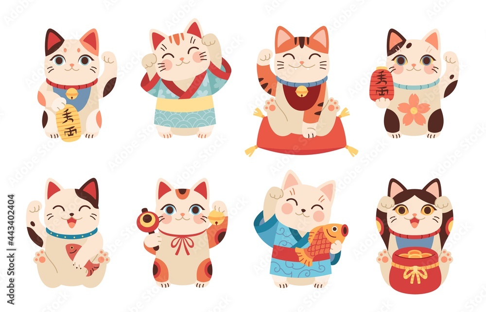 Japanese maneki cats. Asian lucky figurines, cute animals with raised paw,  national tradition and culture symbol, funny money and fortune kittens.  Vector cartoon flat isolated set Stock Vector | Adobe Stock
