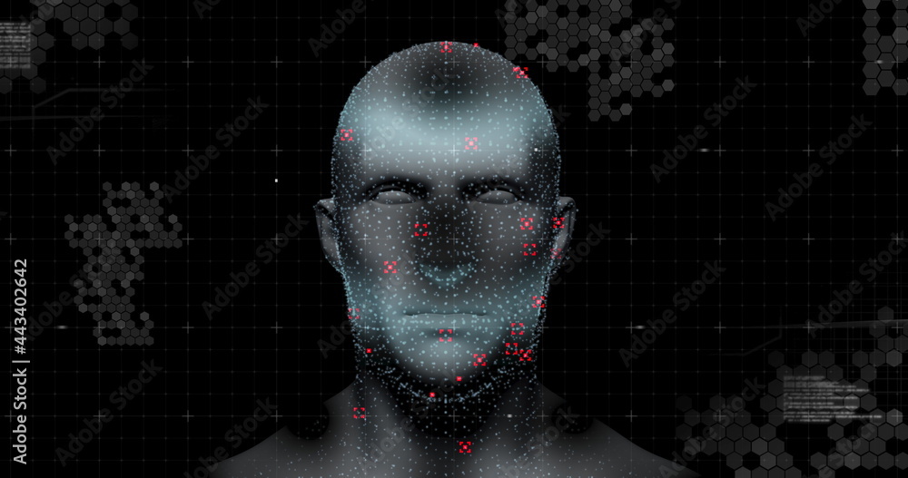Human head model spinning against data processing on black background Human head model spinning against data processing on black background
