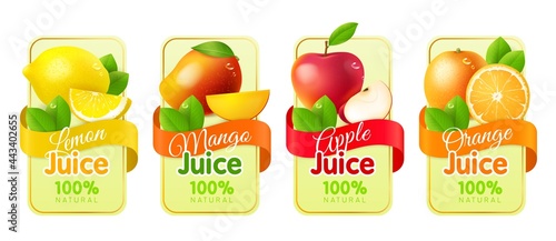 Realistic fruit labels. Packaging stickers with fresh realistic fruits citrus lemon and orange, mango and apple. Water drops, juices and jam emblems. Vector isolated templates set