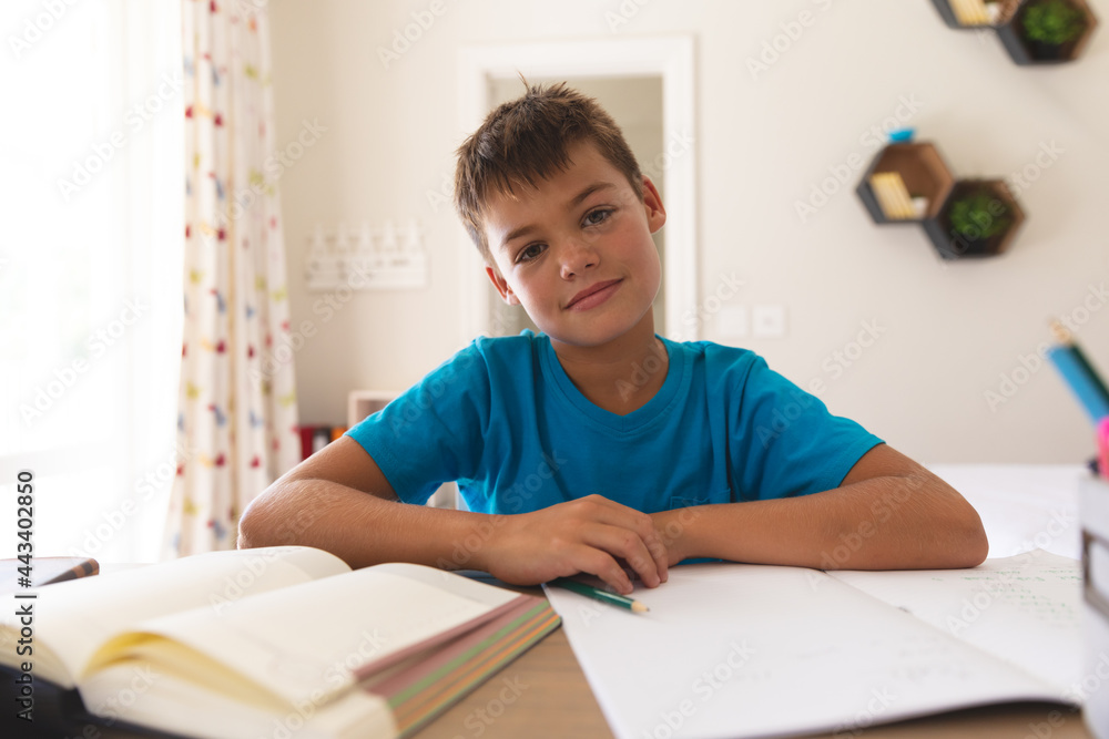 Smiling caucasian boy having video call during class, sitting at desk at home Smiling caucasian boy having video call during class, sitting at desk at home