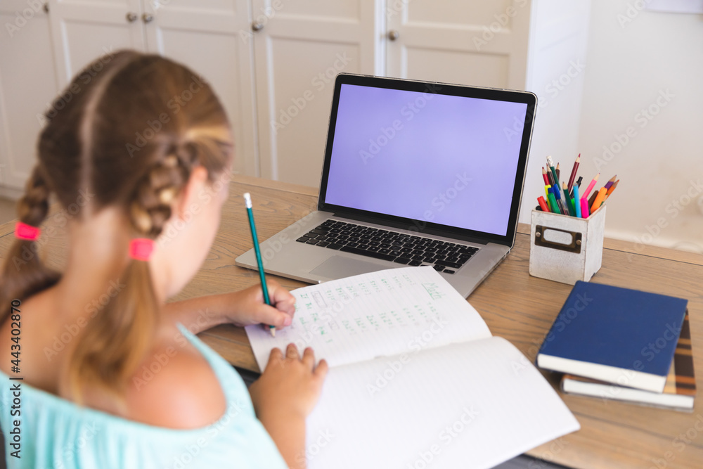 Caucasian girl having video call during class on laptop with copy space, sitting at desk at home Caucasian girl having video call during class on laptop with copy space, sitting at desk at home