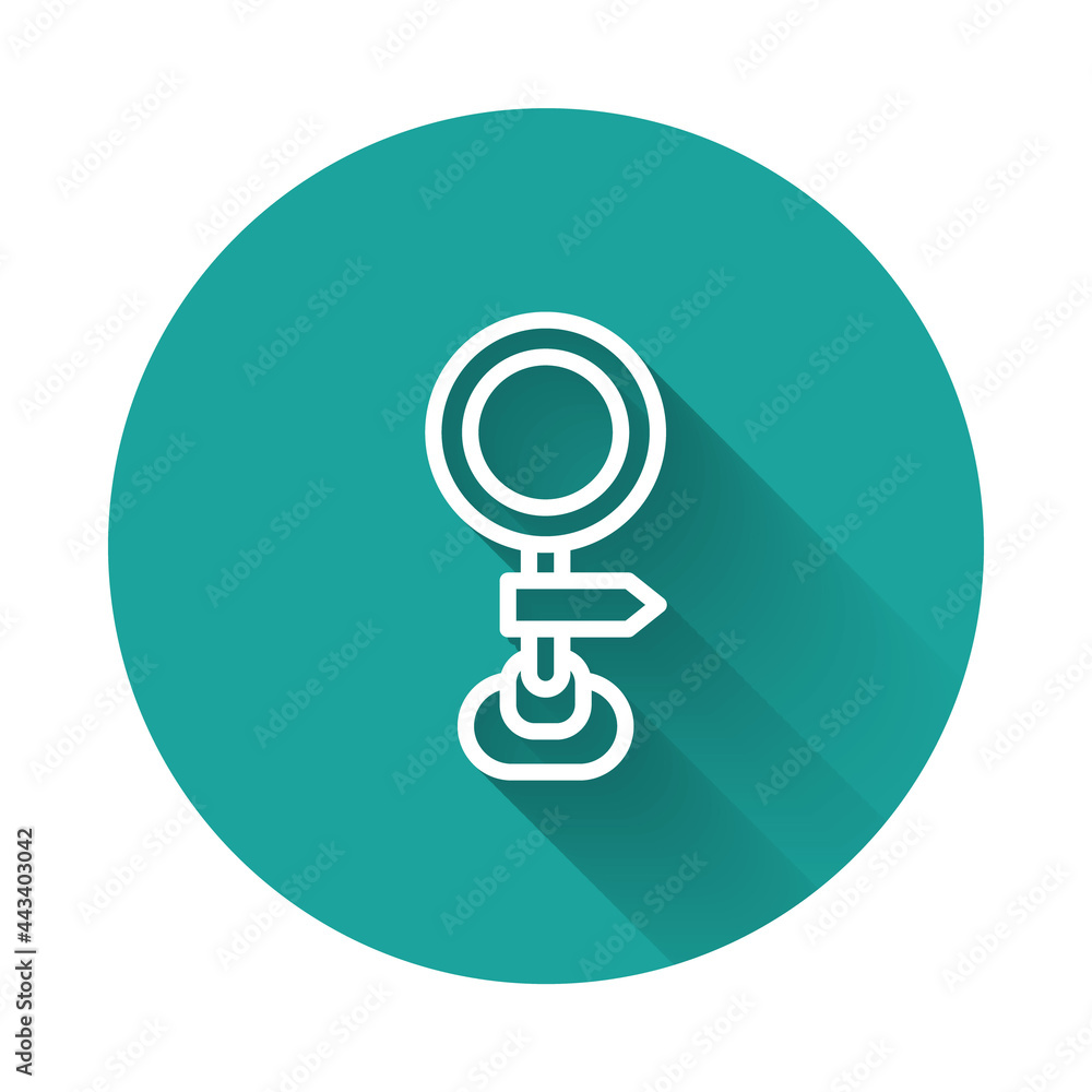 White line Road traffic sign. Signpost icon isolated with long shadow background. Pointer symbol. Isolated street information sign. Direction sign. Green circle button. Vector White line Road traffic sign. Signpost icon isolated with long shadow background. Pointer symbol. Isolated street information sign. Direction sign. Green circle button. Vector