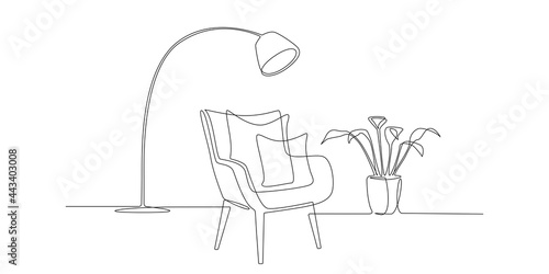 One continuous line drawing of modern armchair and plant and lamp. Stylish scandinavian furniture in simple linear style. Editable stroke Vector illustration