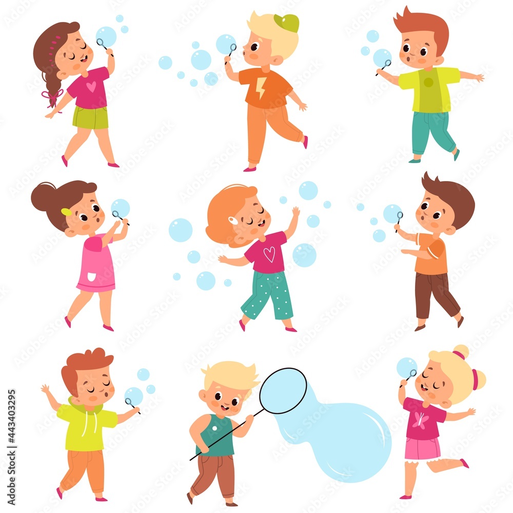 Soap bubbles show. Kids blow foam bubble, happy little girls and boys play, summer outdoor activity, fun children characters with air balls. Party entertainment vector isolated set Soap bubbles show. Kids blow foam bubble, happy little girls and boys play, summer outdoor activity, fun children characters with air balls. Party entertainment vector isolated set