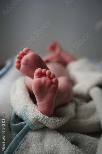  Close up of tiny newborn baby feet and toes   