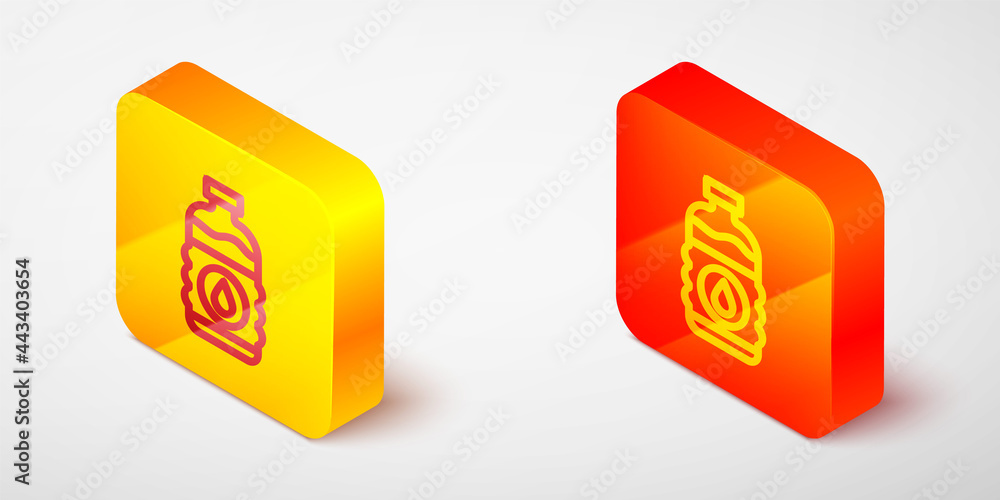 Isometric line Bottle of water icon isolated on grey background. Soda aqua drink sign. Yellow and orange square button. Vector Isometric line Bottle of water icon isolated on grey background. Soda aqua drink sign. Yellow and orange square button. Vector