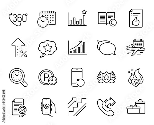 Vector set of Efficacy, 360 degree and Laureate line icons set. Increasing percent, Select flight and Approved document icons. Graph chart, Talk bubble and Share call signs. Vector
