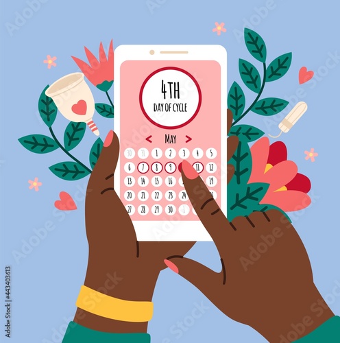 Menstrual calendar. Smartphone application with female cycle calendar, hands holding mobile phone, women period schedule. Girls health care app control menstruation, vector cartoon concept