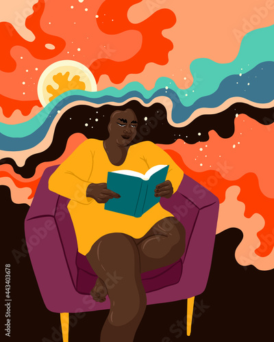 Person reading and imagining the book vividly with abstract shapes and patterns. 