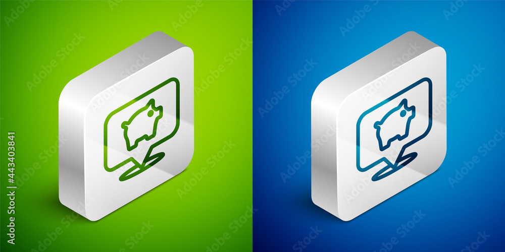 Isometric line Piggy bank icon isolated on green and blue background. Icon saving or accumulation of money, investment. Silver square button. Vector Isometric line Piggy bank icon isolated on green and blue background. Icon saving or accumulation of money, investment. Silver square button. Vector