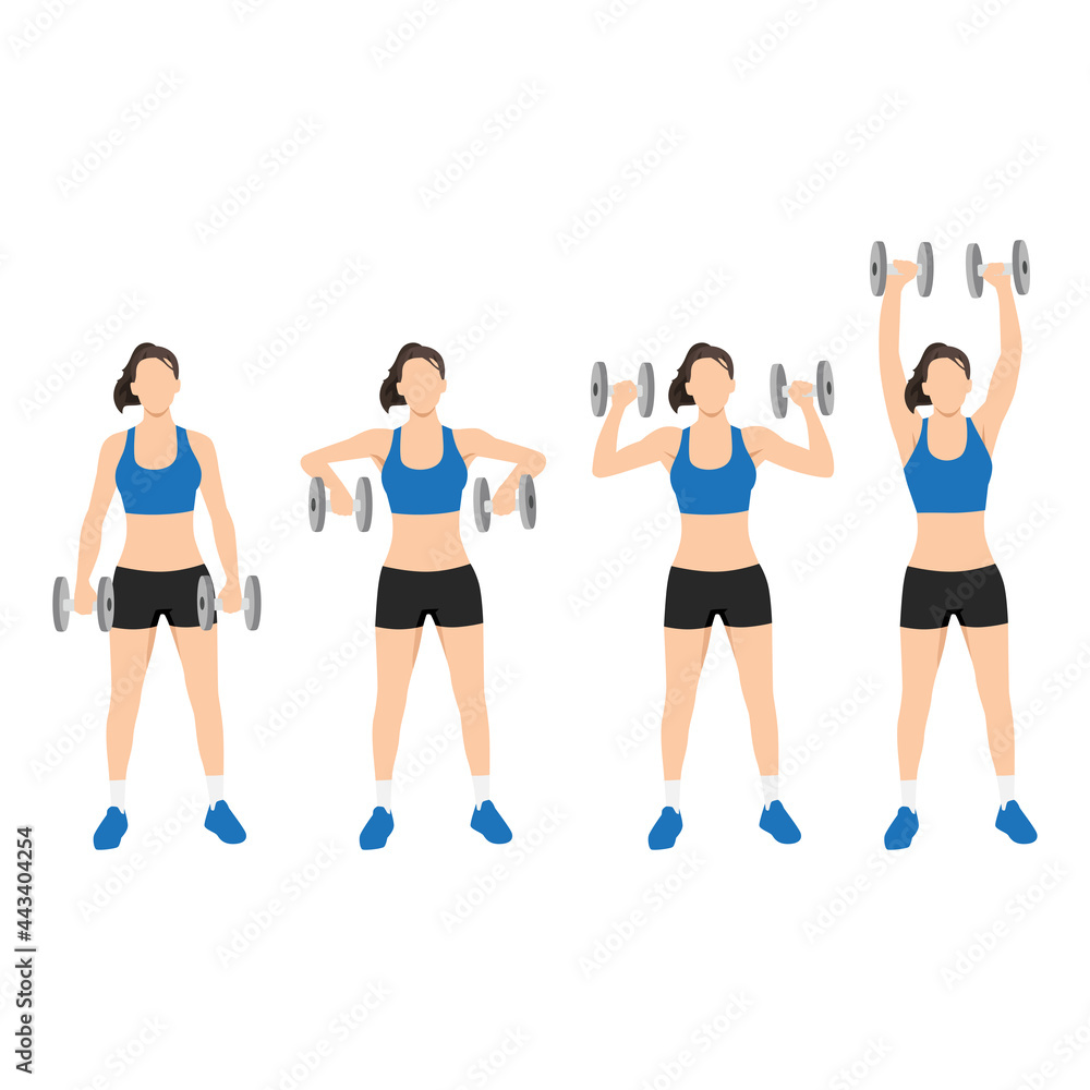 Woman doing Dumbbell cuban press exercise. Flat vector illustration isolated on white background Woman doing Dumbbell cuban press exercise. Flat vector illustration isolated on white background
