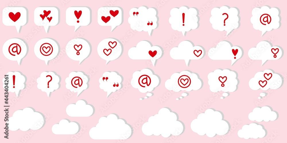 Obraz premium Set of speech bubble icons decoration with symbols. communication vector collection. At mark, Exclamation point, heart symbols, quotes, Question mark. Cloud and balloon icons. Vector illustration.